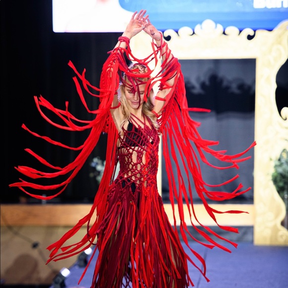 Handmade Macramé Deep Red Dress Cut Out Designer NYFW - Picture 3 of 16